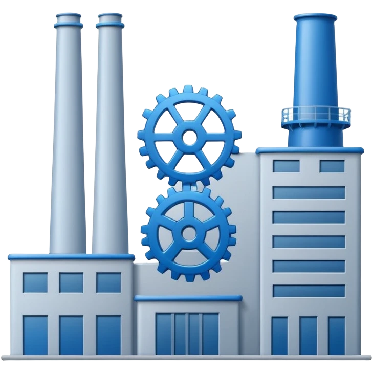 "A minimalist vector icon of a modern manufacturing factory building with a gear symbol above it. Blue and grey color scheme, flat design, white background, simple thick lines, professional business logo style." emoji