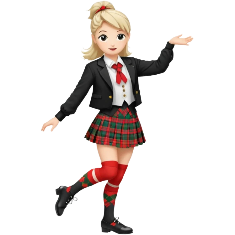 Highland dancing argyle just over the knee socks, blouse, highland dancing jacket, tartan miniskirt and highland dancing shoes emoji