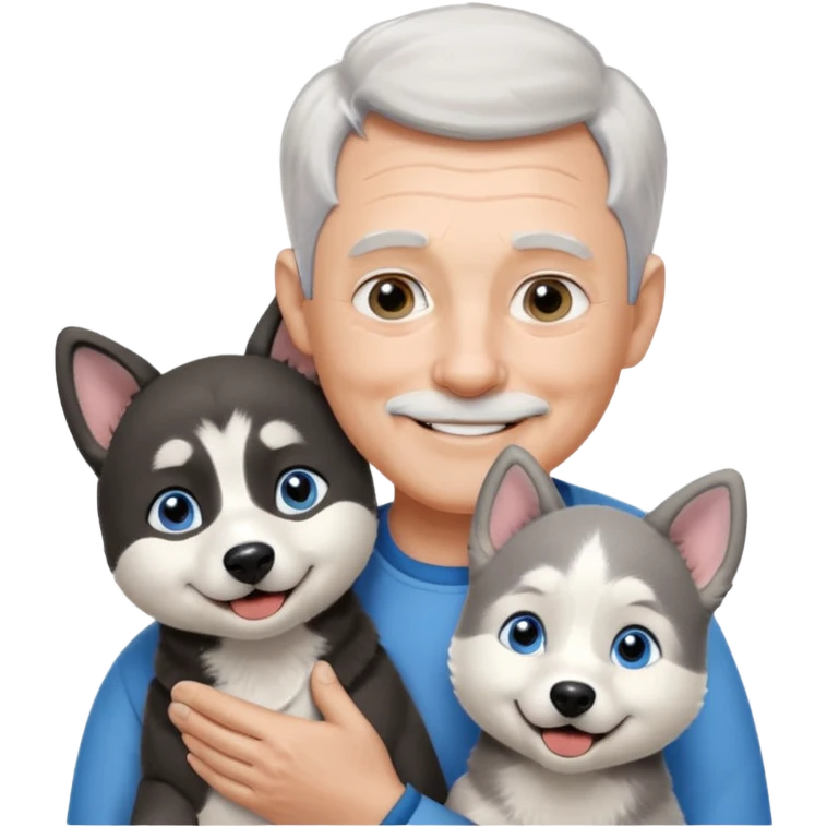 A 60 year old man with blue eyes and short light gray hair and slightly big ears, holding a black and white husky dog with floppy ears and white tuft eyebrows, both smiling emoji