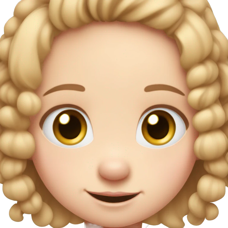 A toddler girl with 2 tiny pig tails on top of her hair with tiny bows, fair skin, blue eyes, light brown hair, smiling, wearing a pastel shirt emoji