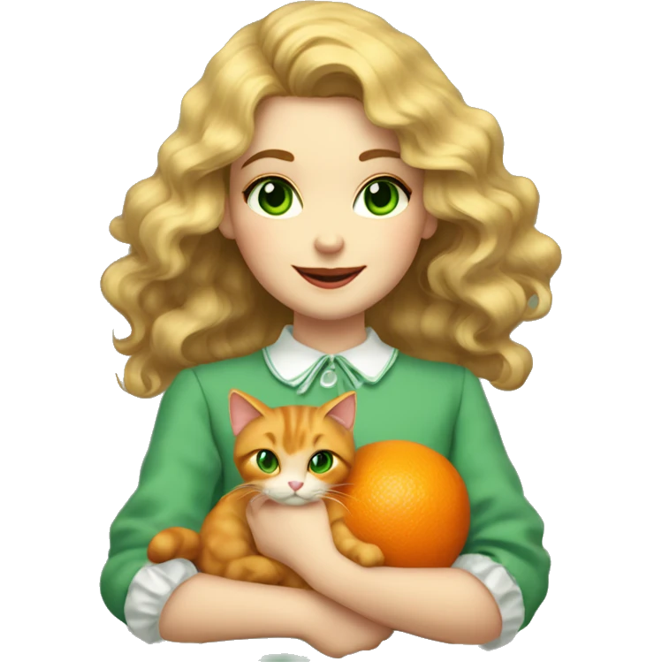 A girl with dark long blonde wavy hair and big green eyes, big lips and smiling, holding an orange cat and both of them are wearing vintage french clothes emoji