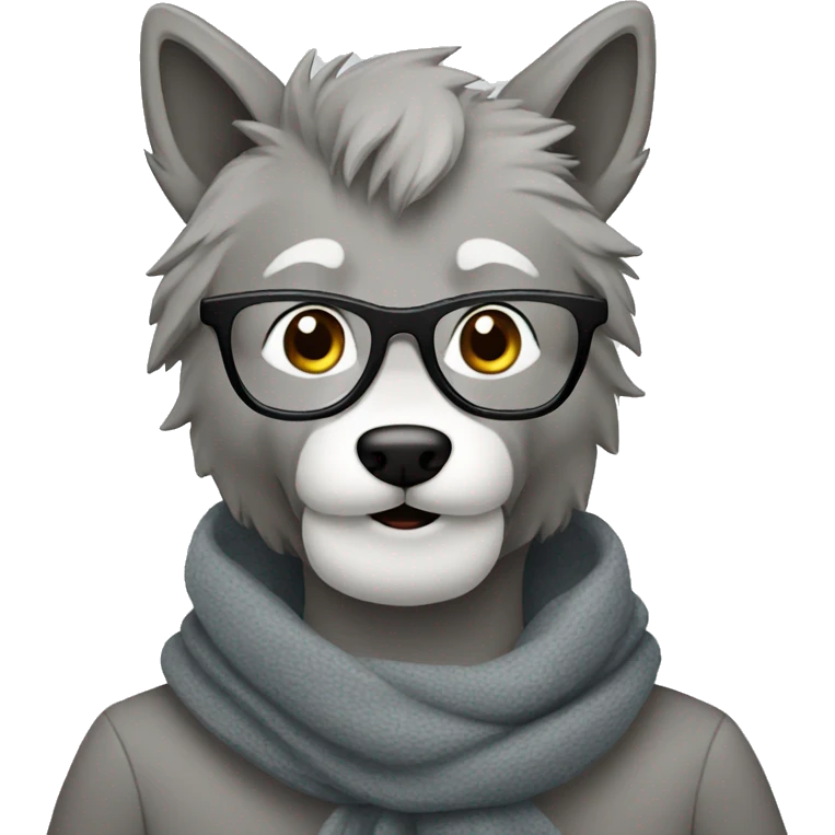 happy gray wolf person wearing a gray scarf and glasses emoji