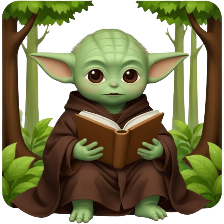 Baby Yoda con su tunica chocolate leyendo en un bosque emoji