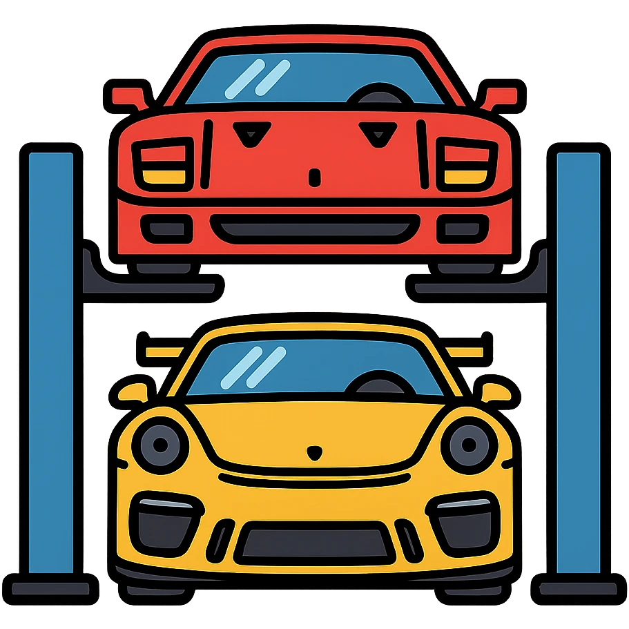 front view of a Ferrari F40 on a car lift with a yellow Porsche GT3 RS underneath, both cars fully visible, cartoon style, bold outlines emoji