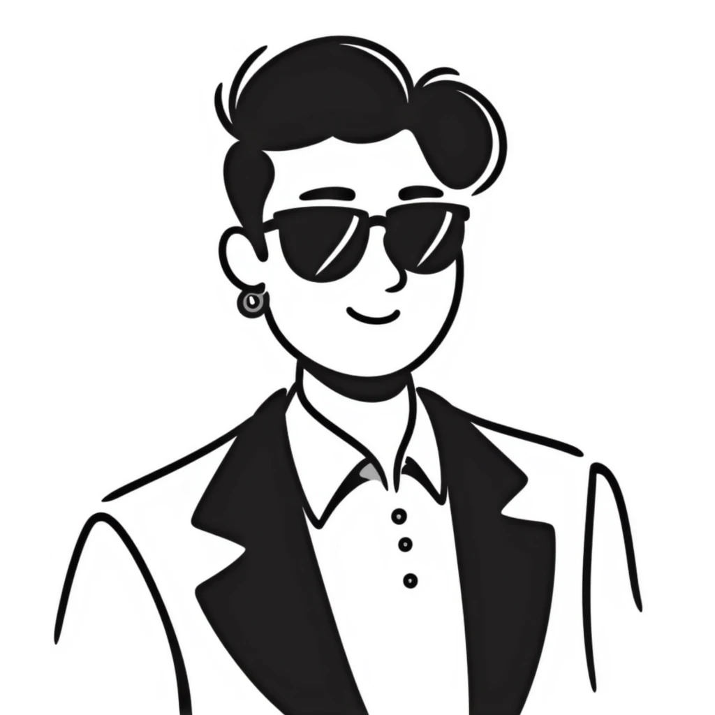 A 30-year-old Latino male musician with a piercing in one ear, wearing sunglasses, with a fashionable short hairstyle styled up and to one side, smiling confidently and wearing a jacket, shrugging his shoulders with a carefree attitude emoji