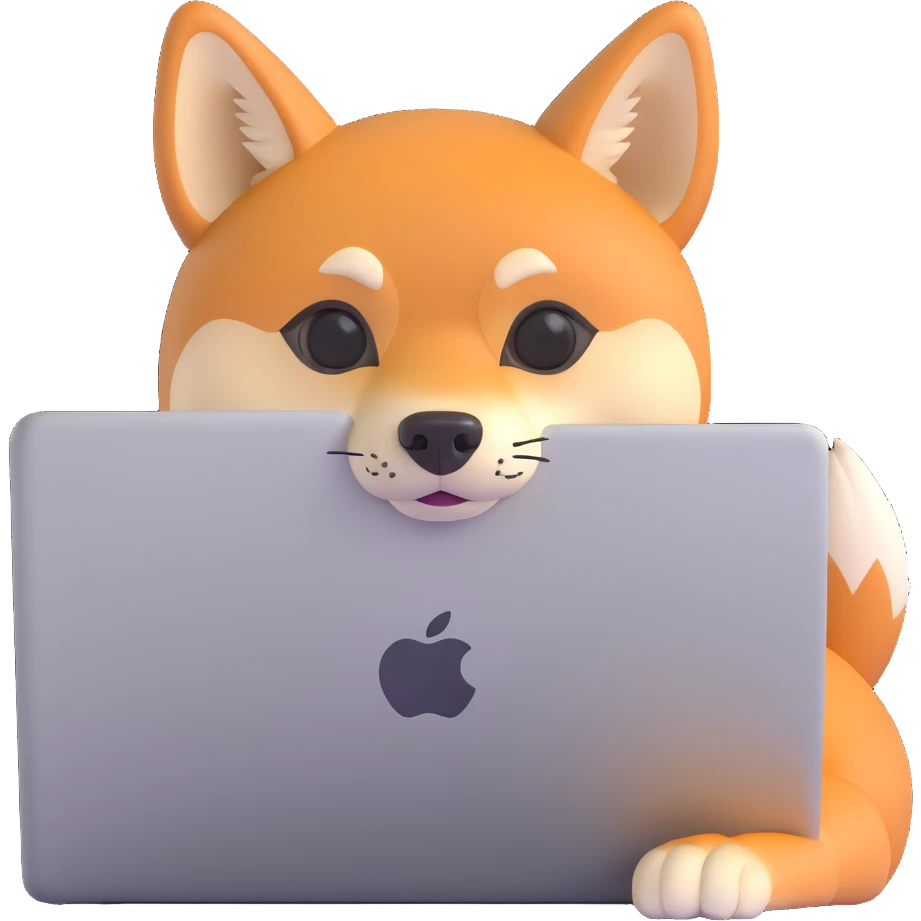 adorable Shiba Inu Horus with tan orange fur and pointy ears, peeking behind a glowing silver MacBook laptop, calm focused expression, modern Apple emoji style, 3D, rounded, soft shadows, glossy, tight framing, white or transparent background, small and expressive like personal assistant icon emoji