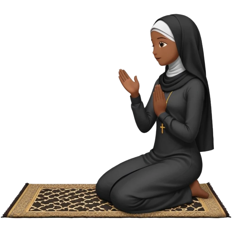 Muslim woman in black jiljab side profile praying on prayer mat  holding up hands to god emoji