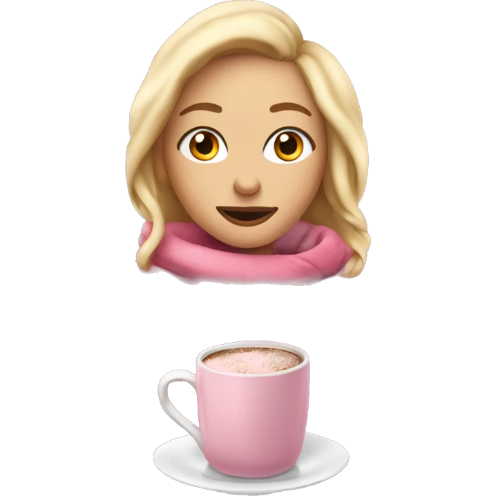 Blonde girl wrapped up in bed with a pink blanket and a mug of hot chocolate emoji