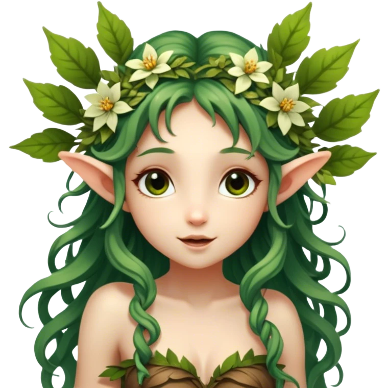 Cinematic Realistic Forest Nymph Fairy Portrait, head tilted playfully and inquisitively, showcasing a nature-inspired form with intricately detailed, sunlit tanned skin and cascading hair interlaced with leaves and blossoms. Her bright, curious eyes sparkle with forest mischief, rendered with lifelike clarity and warm, dappled lighting that captures the spirit of an enchanting woodland fairy ready to dance among the trees. emoji