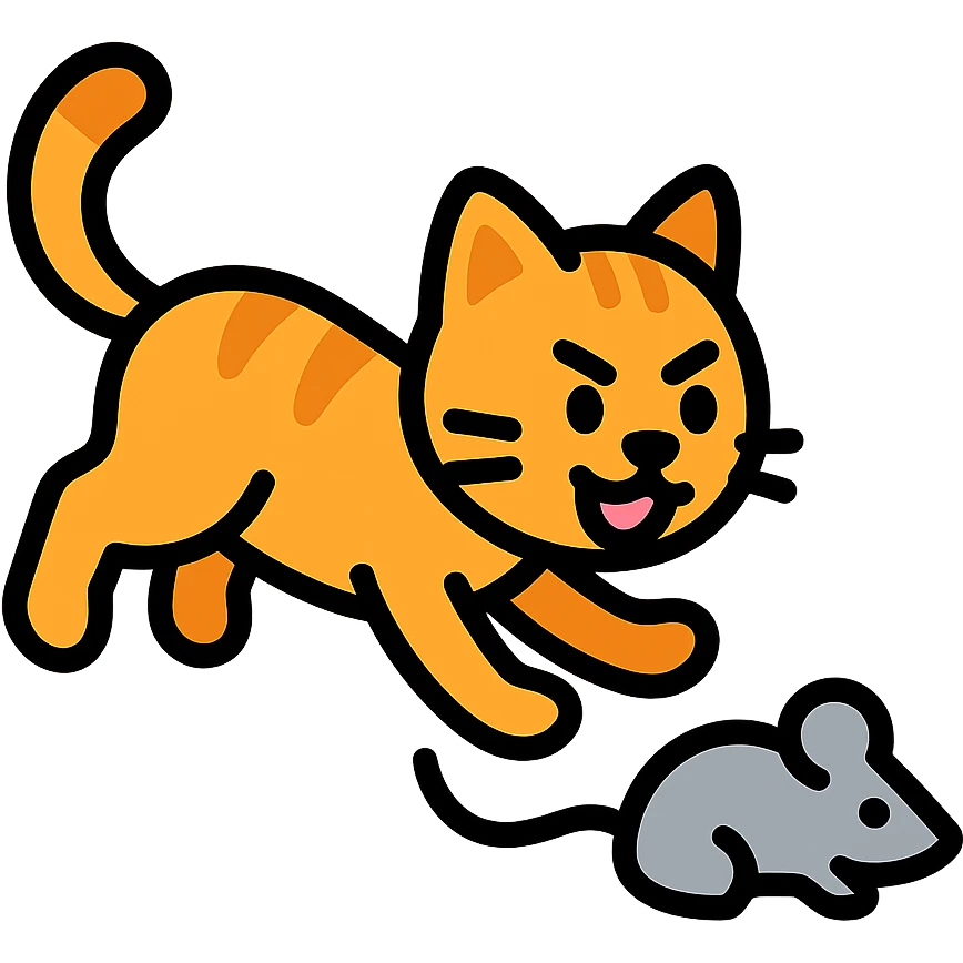 cat chasing a mouse icon with color and black outlines emoji