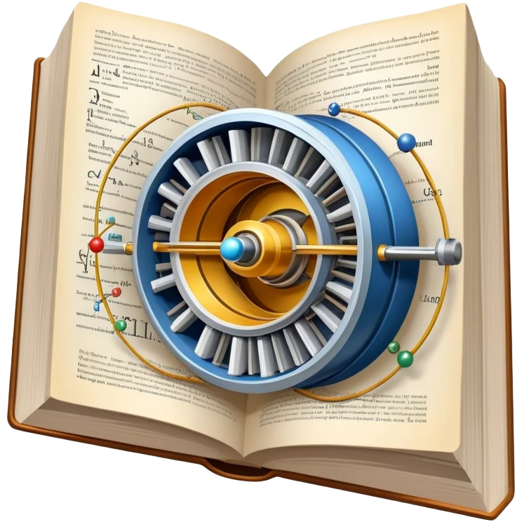 An icon featuring a physics textbook, a large Hadron Collider with particles flying off, symbolizing the study of physics. The design includes atomic models, energy waves, and scientific formulas, representing fundamental physical principles and research. Transparent background. emoji