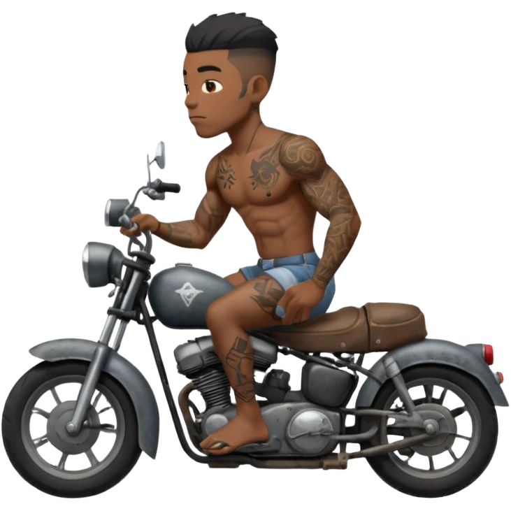Black big men without shirt riding an old small motorcycle emoji