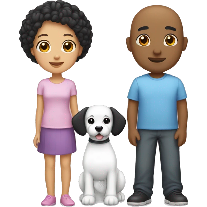 A dad with light skin, bald. A mom with light skin and short black hair. A daughter with medium skin with straight black hair. Another daughter with light skin and black hair. Bichon dog emoji