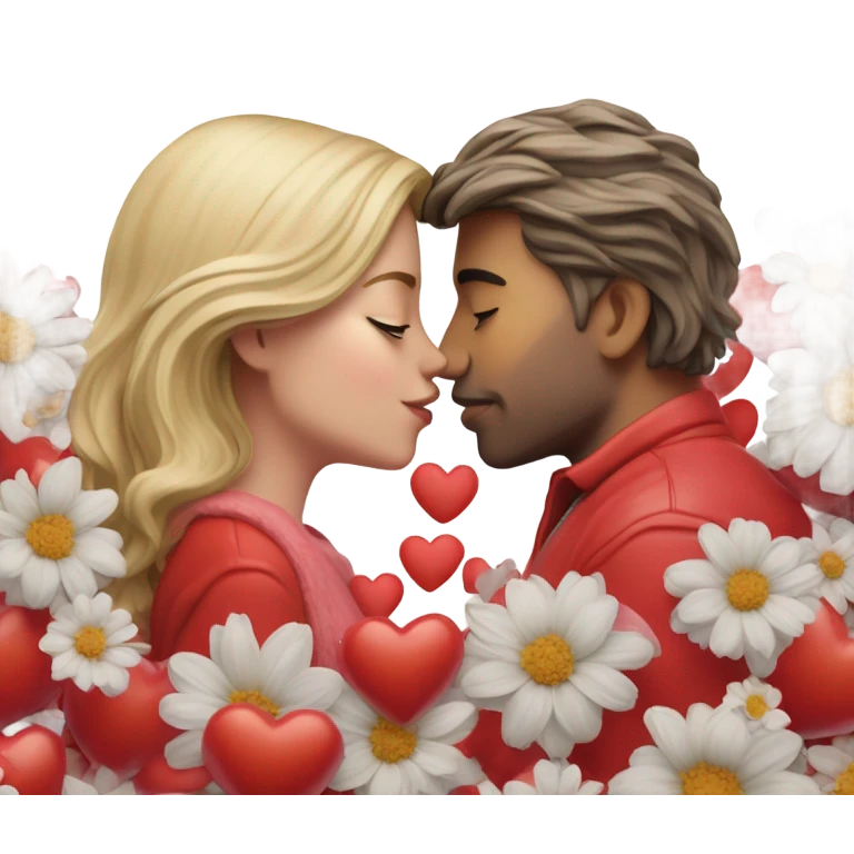 Hyper Realistic Couple kissing surrounded by red hearts and flowers  emoji