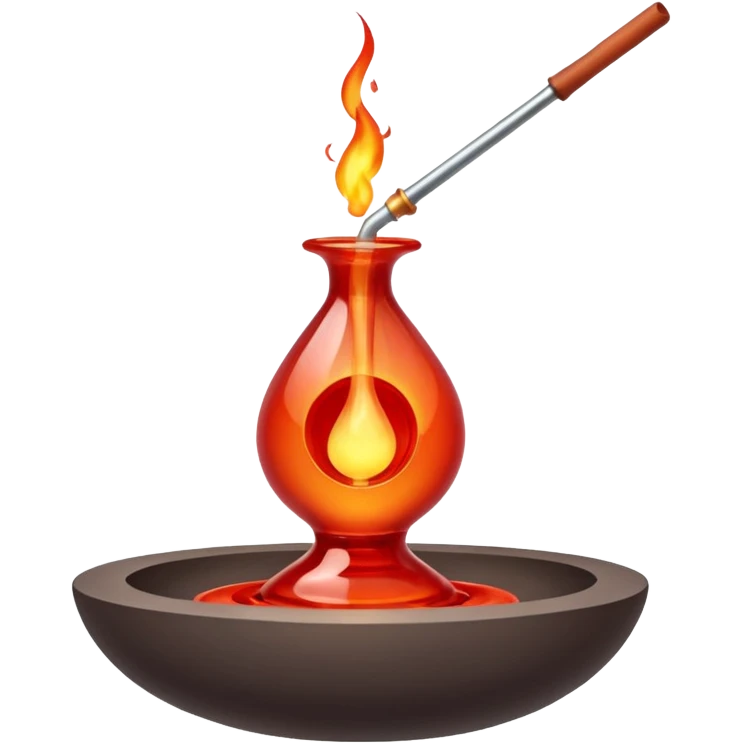 Glassblowing and casting icon, molten glass being shaped into a delicate object with a blowpipe, glowing red-hot glass being poured into a mold, unfinished glass sculpture, minimalistic style, clean lines, transparent background. emoji