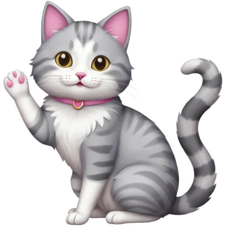 grey and white cat doing a big long stretch emoji