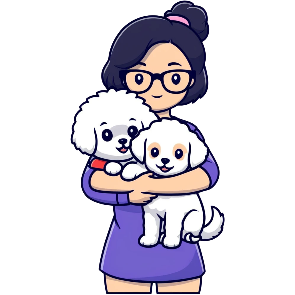 Girl with long black hair and glasses holding a white Bichon Frise dog emoji