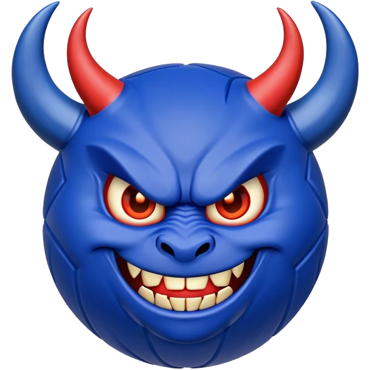 A basketball that is royal blue and has devils horns and a menacing grin emoji