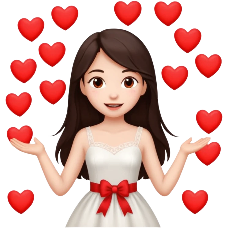 A beautiful girl with long, dark brown hair, fair skin, and a lovely white dress, is overjoyed with love and surrounded by hearts. emoji