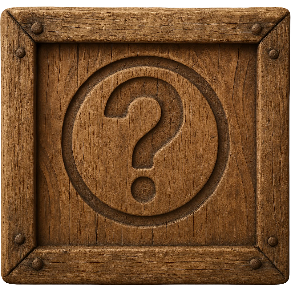 Realistic wooden crate with aged effect, visible nails, and a question mark engraved in the wood. No background. Variant 3. emoji