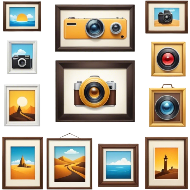 Icon for Photograph and Poster Collecting: a collection of photographs and movie posters, neatly displayed on a wall or in frames. The icon should evoke the nostalgia and artistic value of collecting rare images and posters. Transparent background. emoji