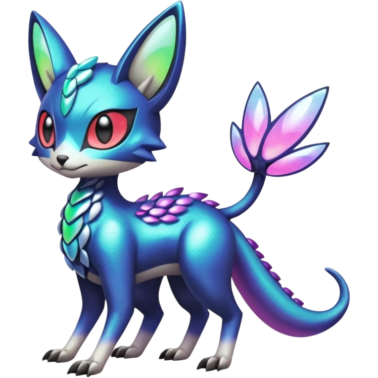 Shiny exotic animalistic feral Colorful glowing glossy smooth soft silky Futuristic Cyber-Vernid-Trico-Meloetta-Latias-Koraidon-Peppercat-Protogen-Pokémon-Digimon-Fakémon-fusion-hybrid-creature emoji