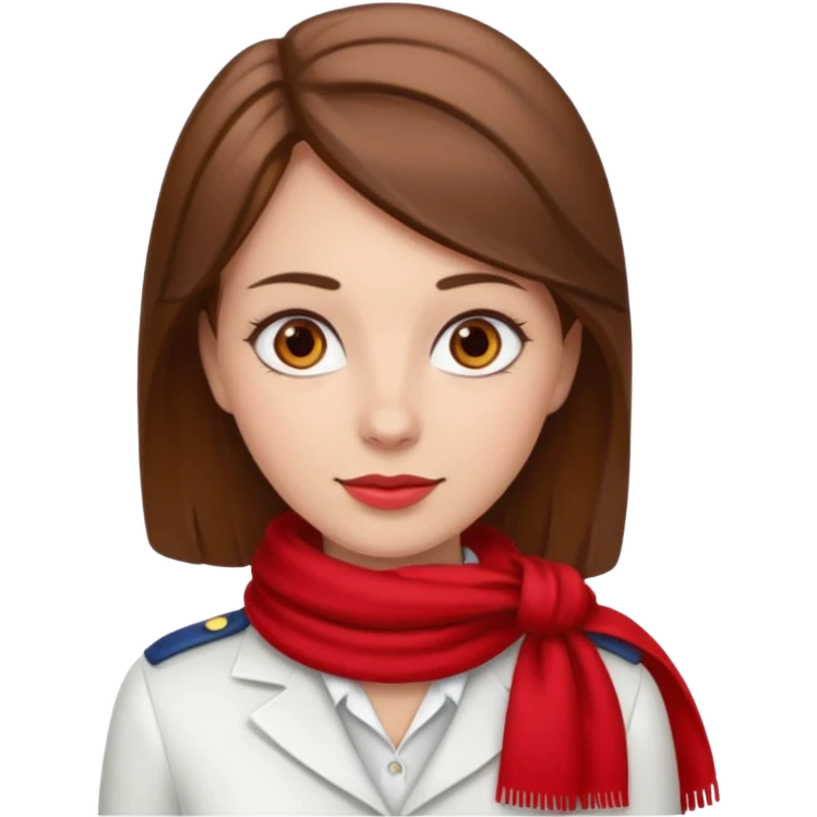 Female flight attendant, with red scarf, white shirt, brown hair, brown eyes, iOS emoji-type face, fair skin  emoji