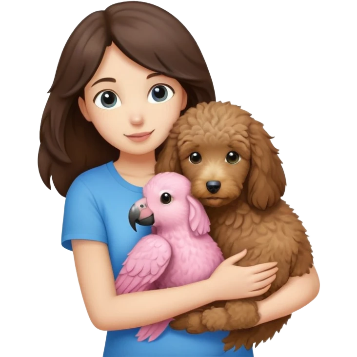 One girl with medium long dark brown hair dressing baby pink T-shirt, hugging One little brown coated labradoodle and a yellow-headed, blue-bellied macaw emoji