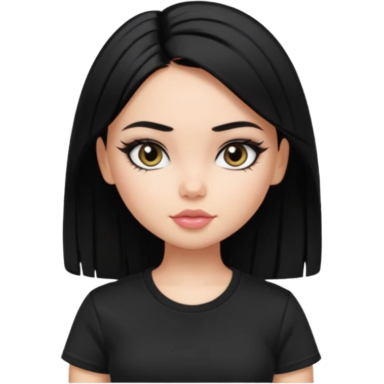 a pretty bratz girl with straight black hair wearing a black tshirt, eyeliner, side part. waist up emoji