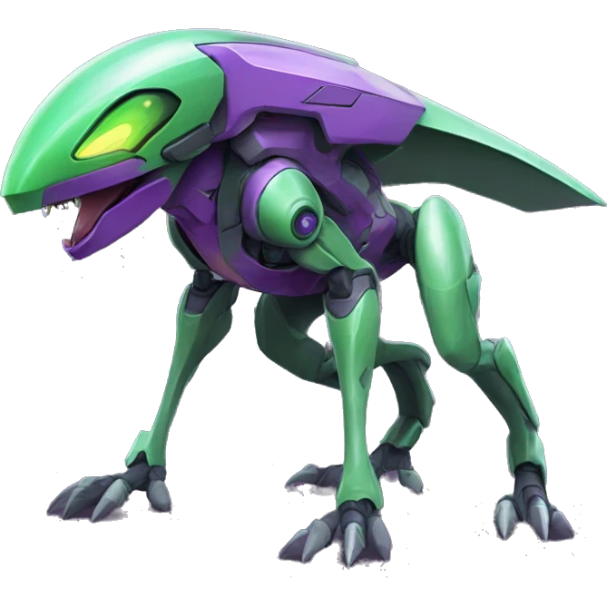 a purple-green Genesect-Raptor-Fakémon—hybrid with a futuristic visor-helmet full body emoji