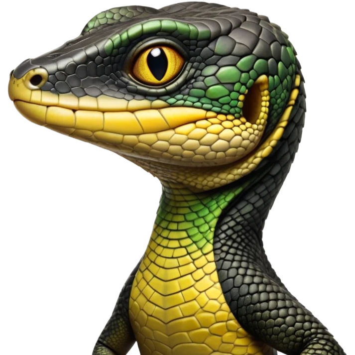 cinematic-realistic-cute-monitor-lizard-portrait-emoji,-head-tilted-playfully-and-inquisitively,-featuring-a-compact,-agile-body-with-finely-detailed,-glossy-scales-in-earthy-black and yellow-hues-and-a-distinct,-alert-face-with-bright,-curious-eyes, black , yellow spotted and green band  scales and a slender neck emoji