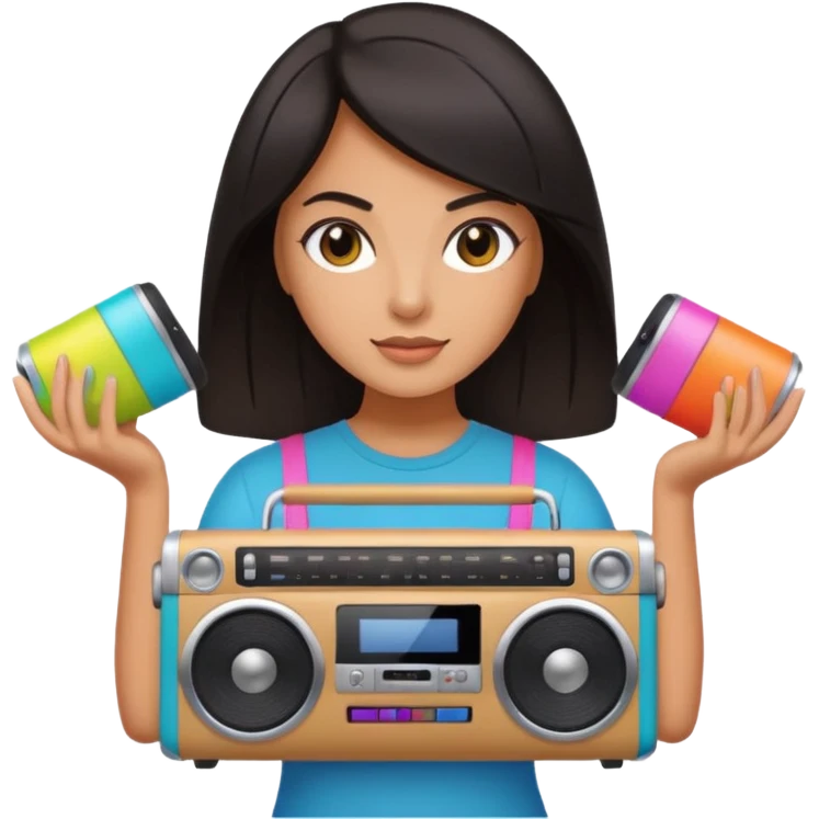 dar hair woman holding colorful boombox emoji