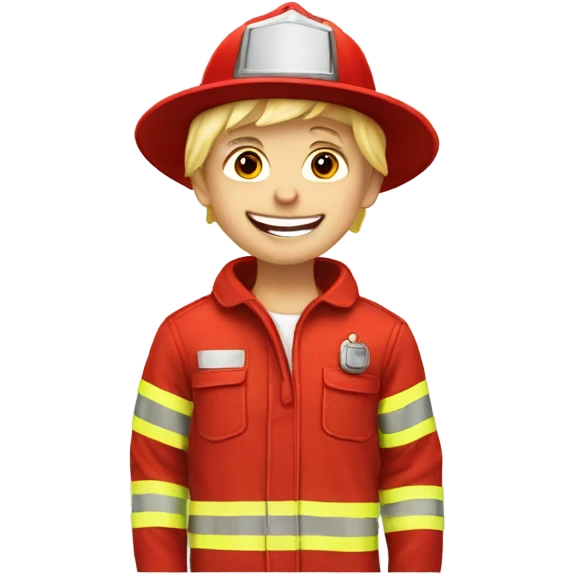 Blonde boy wearing a fire hat and playing with a firetruck emoji