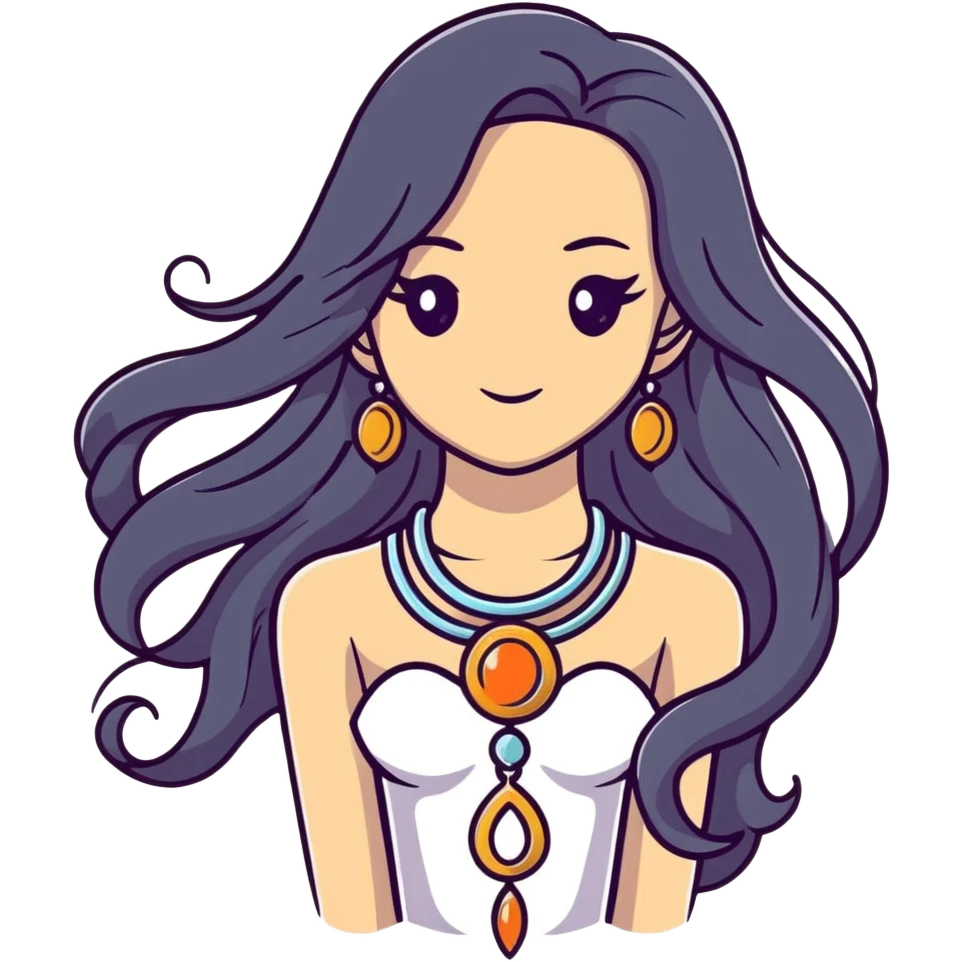 Beautiful fantasy girl with metal jewelry and long flowing hair, mystical princess emoji