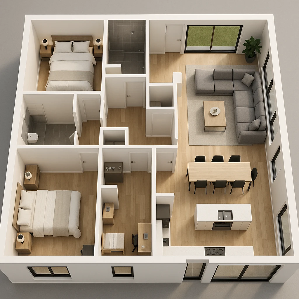 3D floor plan inspired by a modern house with four bedrooms, two bathrooms, open space kitchen, living area, storage room, large glass window, top view, professional architectural style, realistic details emoji