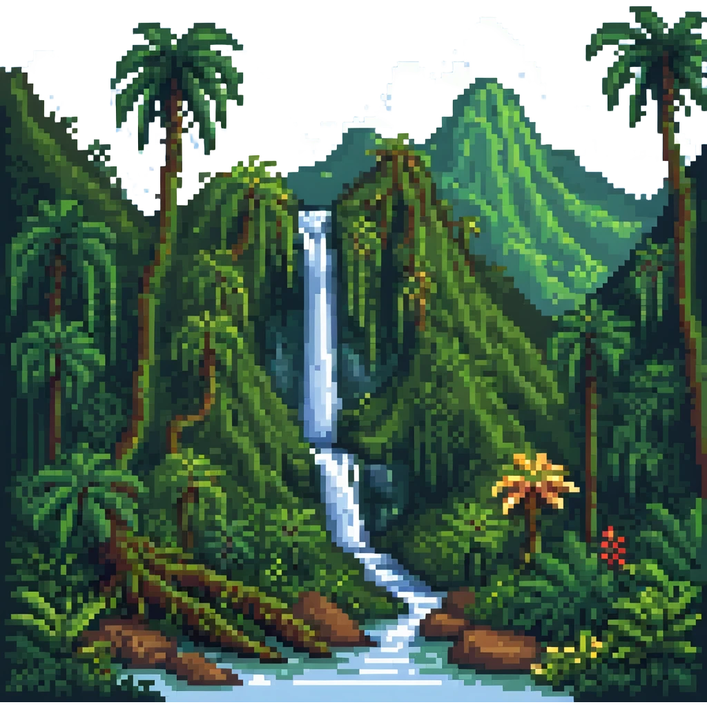 El Yunque rain forest with waterfalls and tropical trees in pixel art style emoji