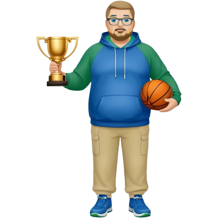full body white obese male basketball coach with trophy. Goatee , Wearing glasses and blue and green hoodie and khaki pants emoji
