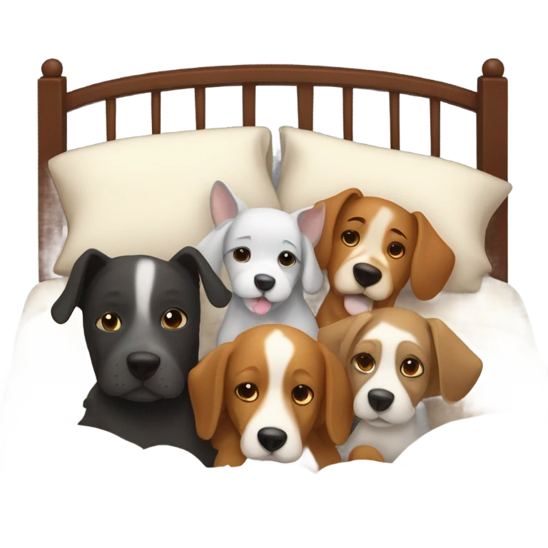 4 dogs snuggled in bed with mom and dad  emoji