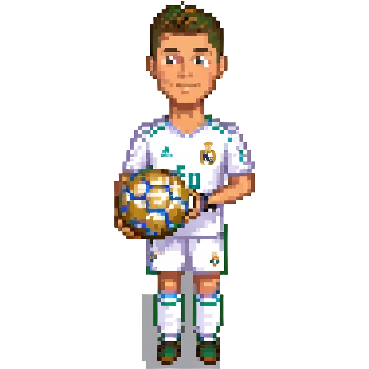 Cristiano Ronaldo in Real Madrid soccer uniform holding the Golden Ball trophy emoji