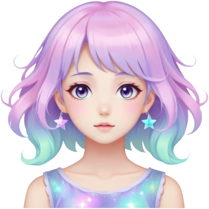 Beautiful gorgeous anime lady with beautiful iridescent-pastel-nebula-hair, fashion aesthetic, ethereal, fairycore, pastelcore emoji