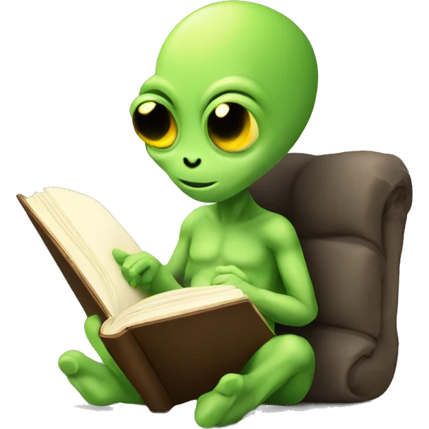 cute sitting alien reading book, flat style. emoji