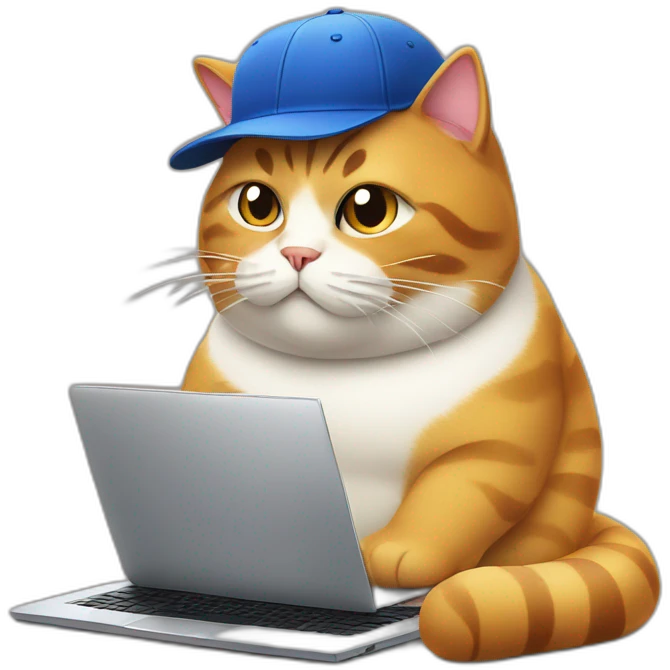 Fat cat wearing a baseball hat behind a laptop emoji