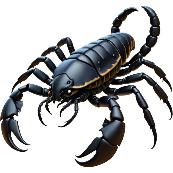 Cinematic Noble Emperor Scorpion Portrait Emoji, Poised and formidable, with a robust, armored build and a glossy, jet-black exoskeleton accented by striking, segmented pincers, deep-set piercing eyes, Simplified yet sharp and sophisticated features, highly detailed, glowing with a cool, dignified glow, high shine, intelligent and imposing, stylized with an air of ancient desert majesty, focused and attentive, soft glowing outline, capturing the essence of a watchful and commanding scorpion that feels as though it could silently creep out of the screen with effortless authority! emoji