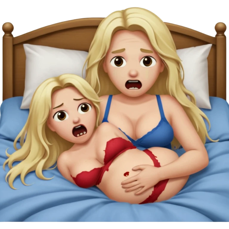 Blonde baddie with very longhair lay in a bed in underwear sie hat angst und guckt erschrocken mit verdrehten Augen offenen Mund Zunge raus Bauch aufgebläht und Bettlacken blutig ihre Brüste unnatürlich riesengroß.ein großer Mann war das, der sie festhält und bauch aufpumpt orgasmus  emoji