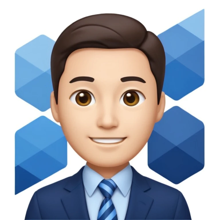 Korean businessman emoji in navy suit and blue tie, confident smile, blue and white geometric striped background, expressing digital innovation and professionalism emoji