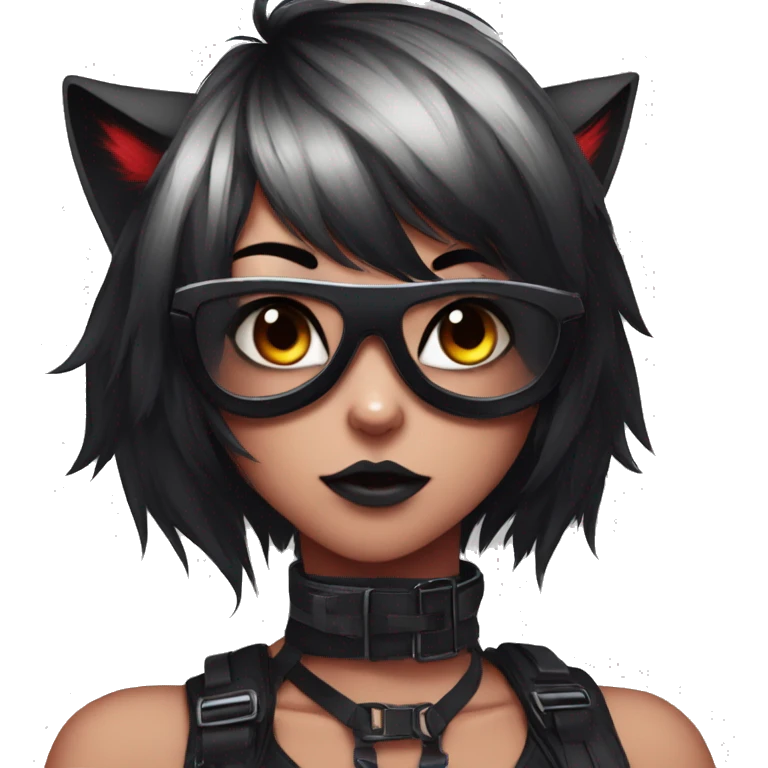 Anthro Edgy Cool Beautiful Black Cat-Fursona with Emo Hair-bangs with Red Streaks Chest Harness emoji