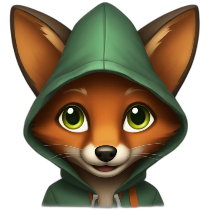 small dark brown fox with orange eyes and a dark green hood that smile emoji