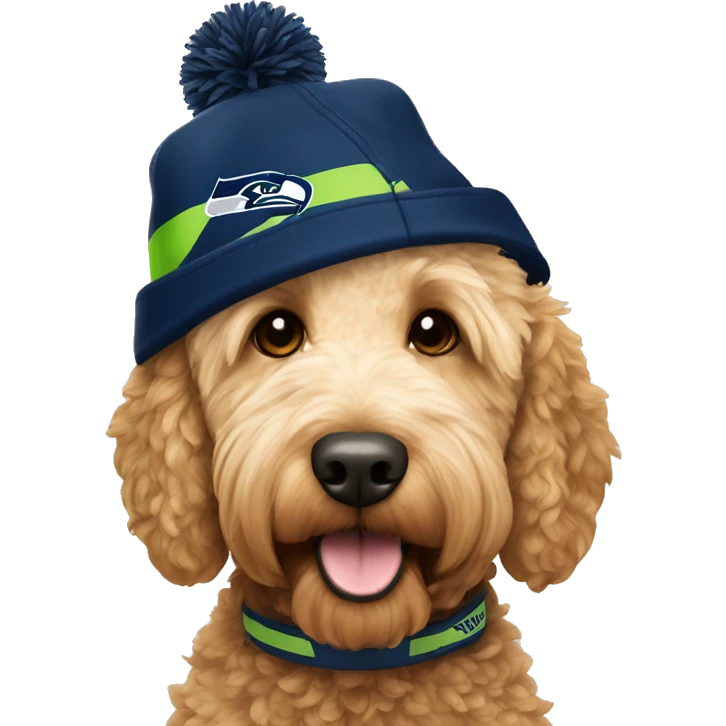 Golden doodle with Seattle Seahawks Hat emoji