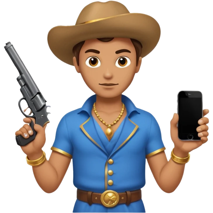 genie holding a revolver in one hand and an iphone on the other emoji