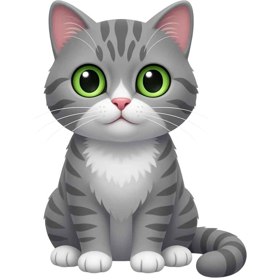 Pisica gri plin cu ochi verzi și fata rotundă care stă în fund emoji